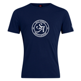 Show your team spirit with the Saint Anselm College Club Rugby Plain Tee by WRS Canterbury—a navy cotton blend shirt featuring a white "SA" logo and "SAINT AN SEUM MEN'S CLUB RUGBY" in a front circle print. Customizable and comfortable!.