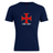 The SF CDME Rugby Club Plain Tee by WRS Canterbury is a navy blue custom t-shirt made from a comfortable cotton blend, featuring a large red cross design in the center with "CDME RUGBY" printed below.