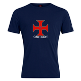 The SF CDME Rugby Club Plain Tee by WRS Canterbury is a navy blue custom t-shirt made from a comfortable cotton blend, featuring a large red cross design in the center with "CDME RUGBY" printed below.
