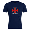 The SF CDME Rugby Club Plain Tee by WRS Canterbury is a navy blue custom t-shirt made from a comfortable cotton blend, featuring a large red cross design in the center with "CDME RUGBY" printed below.