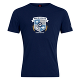 The Milwaukee Barbarians Rugby Club Plain Tee by WRS Canterbury is a navy blue cotton blend shirt with a front crest featuring a shield, banner, and wheat graphic.