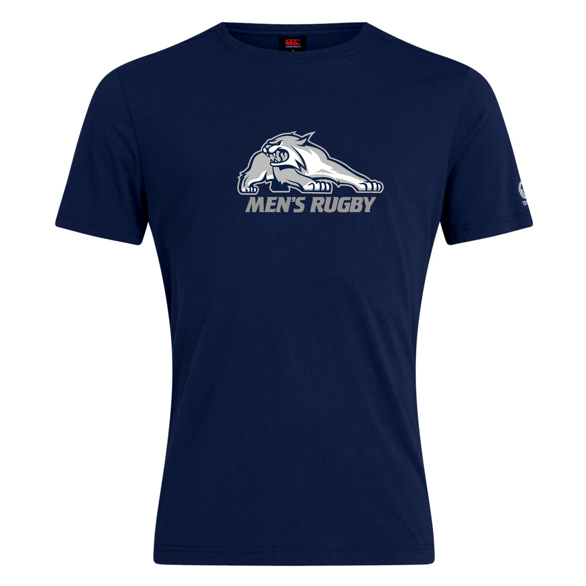 Navy blue cotton blend University of New Hampshire Club Plain Tee by Canterbury featuring a wildcat graphic and “MEN’S RUGBY” text on the chest.