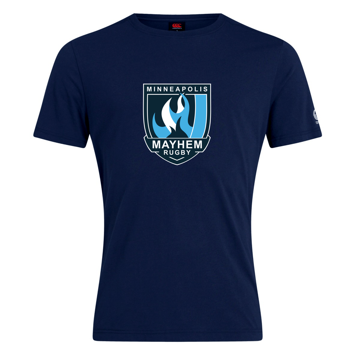 The Minneapolis Mayhem Rugby Club Plain Tee by WRS Canterbury is a navy blue cotton blend t-shirt featuring a white and blue stylized rugby ball and flame “Minneapolis Mayhem Rugby” logo on the chest. This customizable tee from Canterbury combines comfort with standout style, making it perfect for rugby fans.