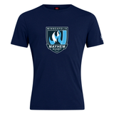 The Minneapolis Mayhem Rugby Club Plain Tee by WRS Canterbury is a navy blue cotton blend t-shirt featuring a white and blue stylized rugby ball and flame “Minneapolis Mayhem Rugby” logo on the chest. This customizable tee from Canterbury combines comfort with standout style, making it perfect for rugby fans.