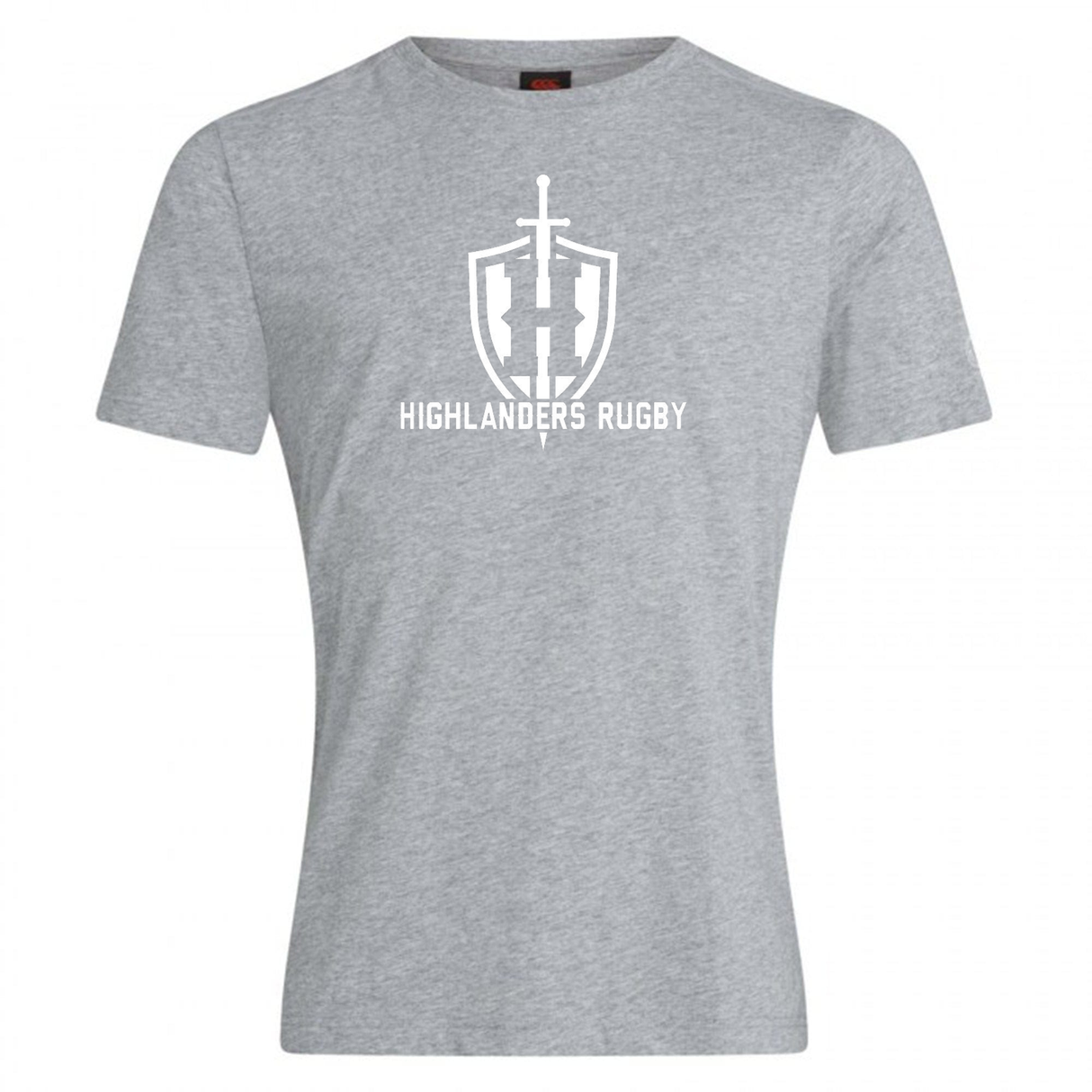 The Highlanders Rugby NC Club Plain Tee by WRS Canterbury is a gray t-shirt made from a premium cotton-heavy blend, featuring a white graphic design with a sword and shield emblem above the text "HIGHLANDERS RUGBY." This Canterbury Club Plain Tee can also be customized to suit your needs.