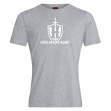 The Highlanders Rugby NC Club Plain Tee by WRS Canterbury is a gray t-shirt made from a premium cotton-heavy blend, featuring a white graphic design with a sword and shield emblem above the text "HIGHLANDERS RUGBY." This Canterbury Club Plain Tee can also be customized to suit your needs.