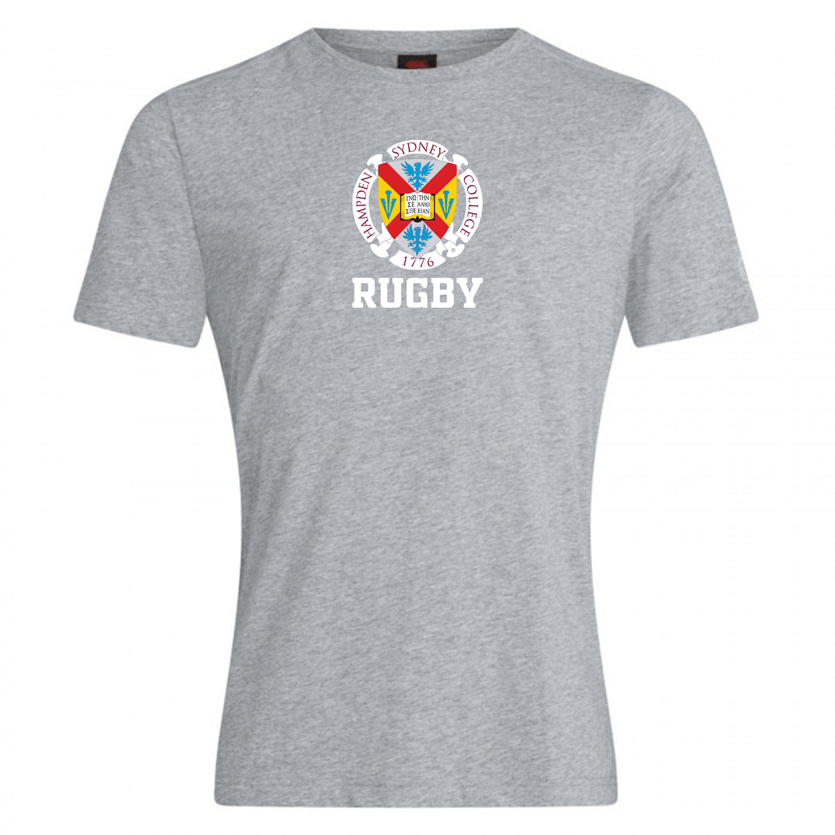 The Hampden Sydney College Club Plain Tee by Canterbury from WRS Canterbury features a gray design with "Hampden Sydney College Rugby 1776" and a multicolored crest printed on the chest, crafted from a premium cotton blend for ultimate comfort.