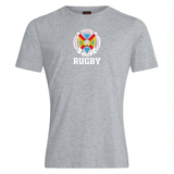 The Hampden Sydney College Club Plain Tee by Canterbury from WRS Canterbury features a gray design with "Hampden Sydney College Rugby 1776" and a multicolored crest printed on the chest, crafted from a premium cotton blend for ultimate comfort.