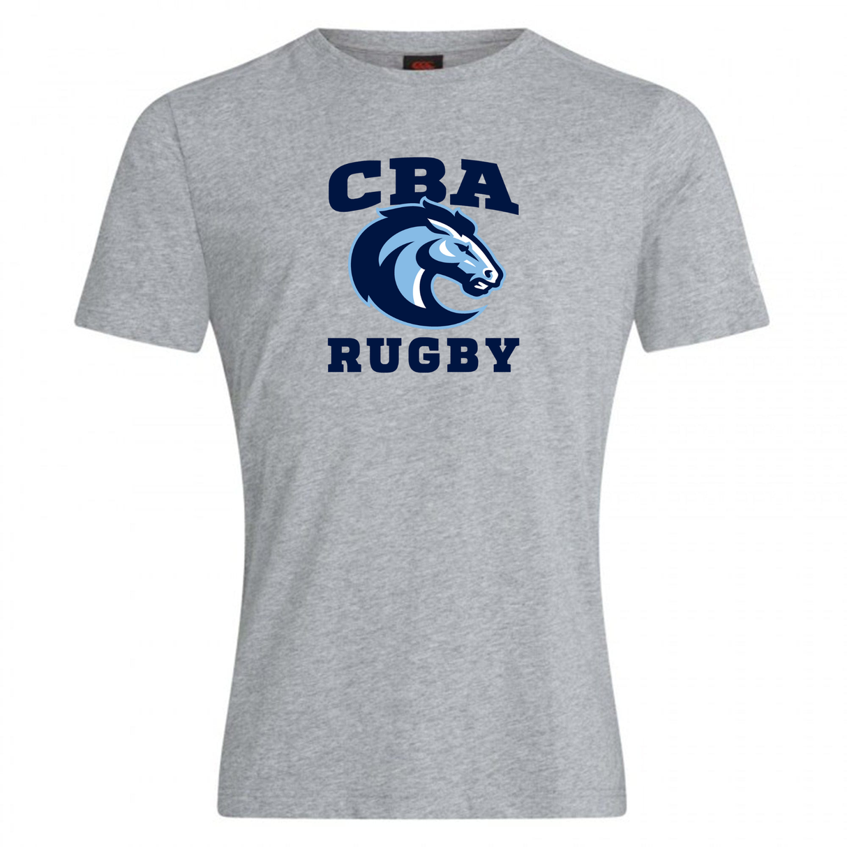 The Christian Brothers Academy Rugby Club Plain Tee by WRS Canterbury is a gray T-shirt made from a soft cotton blend, featuring a blue horse logo and "CBA Rugby" text on the front, perfect for rugby enthusiasts.