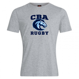 The Christian Brothers Academy Rugby Club Plain Tee by WRS Canterbury is a gray T-shirt made from a soft cotton blend, featuring a blue horse logo and "CBA Rugby" text on the front, perfect for rugby enthusiasts.