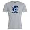 The Christian Brothers Academy Rugby Club Plain Tee by WRS Canterbury is a gray T-shirt made from a soft cotton blend, featuring a blue horse logo and "CBA Rugby" text on the front, perfect for rugby enthusiasts.