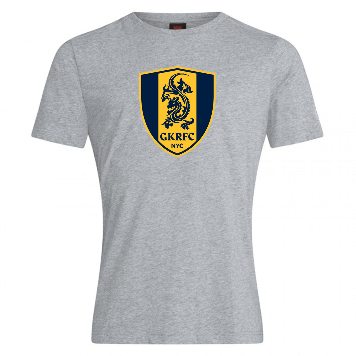 The Gotham Knights Club Plain Tee by Canterbury from WRS Canterbury showcases a navy and yellow shield logo with a dragon, along with the "GKRFC NYC" text on the chest, all set against a light gray background. This tee is crafted from a premium cotton-heavy blend.