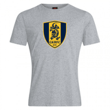 The Gotham Knights Club Plain Tee by Canterbury from WRS Canterbury showcases a navy and yellow shield logo with a dragon, along with the "GKRFC NYC" text on the chest, all set against a light gray background. This tee is crafted from a premium cotton-heavy blend.