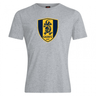 The Gotham Knights Club Plain Tee by Canterbury from WRS Canterbury showcases a navy and yellow shield logo with a dragon, along with the "GKRFC NYC" text on the chest, all set against a light gray background. This tee is crafted from a premium cotton-heavy blend.