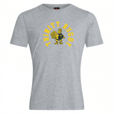 Gray T-shirt from the WRS Canterbury collection, part of the Trinity College Club Plain Tee line, made with a premium cotton-heavy blend. It features the yellow "TRINITY RUGBY" text and a yellow rooster inside a blue "T" at the center.