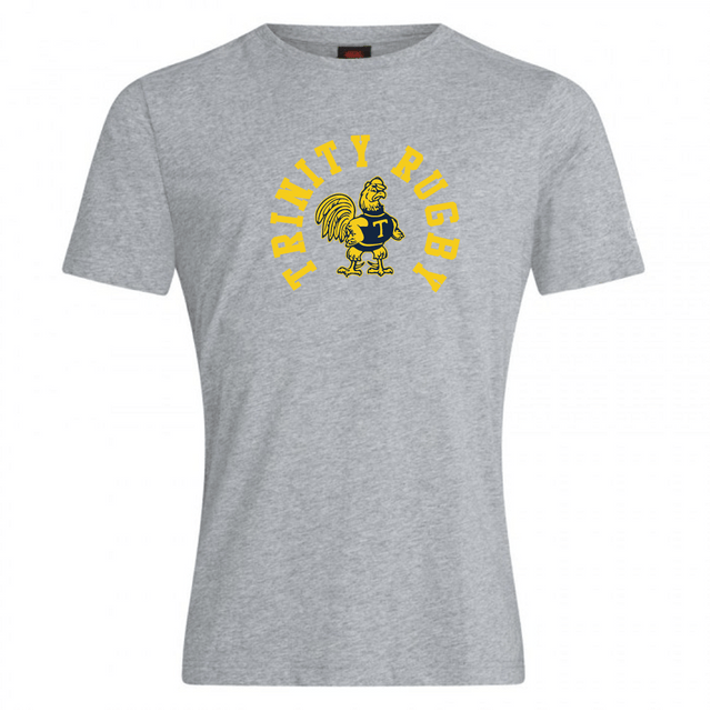 Gray T-shirt from the WRS Canterbury collection, part of the Trinity College Club Plain Tee line, made with a premium cotton-heavy blend. It features the yellow "TRINITY RUGBY" text and a yellow rooster inside a blue "T" at the center.