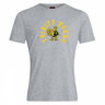 Gray T-shirt from the WRS Canterbury collection, part of the Trinity College Club Plain Tee line, made with a premium cotton-heavy blend. It features the yellow "TRINITY RUGBY" text and a yellow rooster inside a blue "T" at the center.