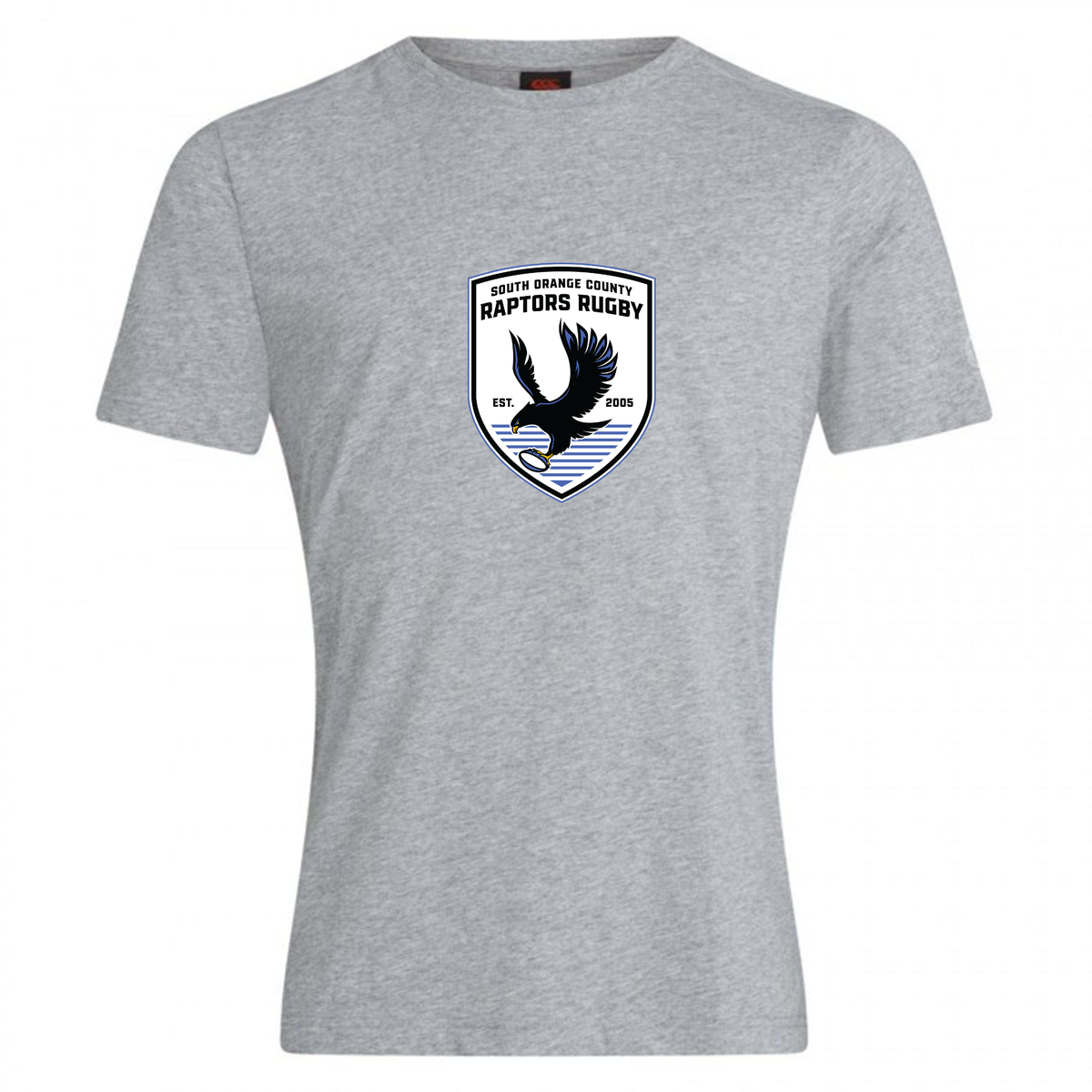 The South Orange County Raptors Club Plain Tee by Canterbury from WRS Canterbury is a gray cotton blend shirt, featuring a “South Orange County Raptors Rugby” logo with a black raptor holding a rugby ball inside a shield—ideal as a customizable tee for fans and players alike.