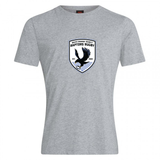 The South Orange County Raptors Club Plain Tee by Canterbury from WRS Canterbury is a gray cotton blend shirt, featuring a “South Orange County Raptors Rugby” logo with a black raptor holding a rugby ball inside a shield—ideal as a customizable tee for fans and players alike.