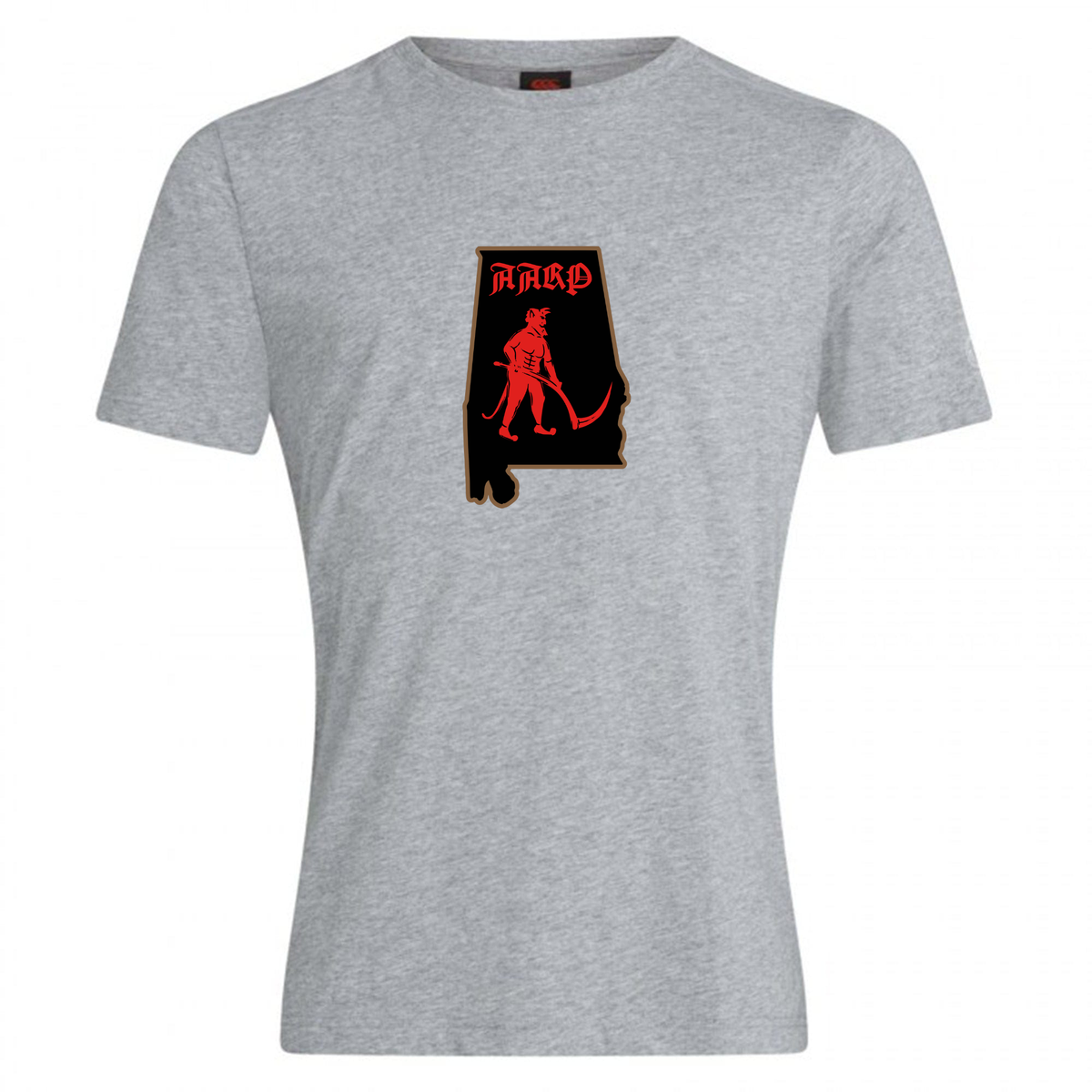 Aging Alabama Rugby Players Club Plain Tee by Canterbury in grey cotton blend featuring a graphic of the state of Alabama containing a red devil character and the text “HARD”.