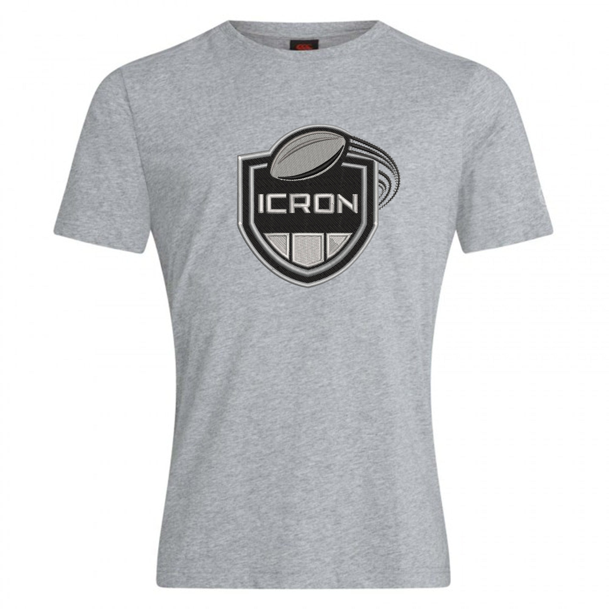 Grey WRS Canterbury ICRON Club Plain Tee with a black and white shield emblem on the chest featuring a rugby ball and the word “ICRON.”