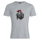 The Birmingham Iron Women's Football Club Plain Tee by WRS Canterbury is a heather gray cotton blend shirt featuring a knight's helmet, red plume, and sword logo on the chest.