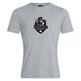 The Cypress Warriors Men's Rugby Club Plain Tee by WRS Canterbury is a customizable gray cotton blend shirt with a warrior helmet and rugby ball logo, ideal for showing team spirit and comfort.