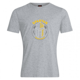 The Spartan Youth Rugby Club Plain Tee by WRS Canterbury is a gray cotton blend shirt featuring a stylized Spartan helmet and "SPARTAN YOUTH ACADEMY" in yellow and white on the front.