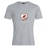The West Potomac RFC Club Plain Tee by Canterbury from WRS Canterbury is a gray cotton-blend short-sleeve shirt with a maroon shield logo, beaver, star, "1963," and "West Potomac Rugby" text—classic style for fans.