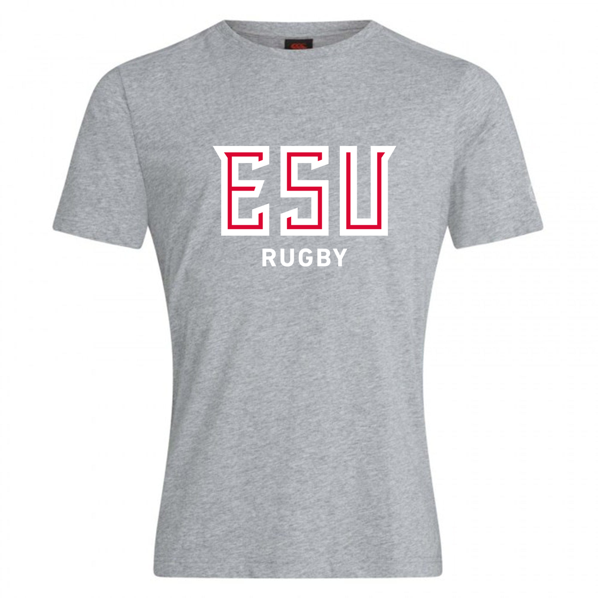 The East Stroudsburg University Club Plain Tee by WRS Canterbury is a gray cotton blend short-sleeve shirt featuring large red and white "ESU" letters and smaller white "RUGBY" text on the chest.