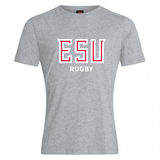 The East Stroudsburg University Club Plain Tee by WRS Canterbury is a gray cotton blend short-sleeve shirt featuring large red and white "ESU" letters and smaller white "RUGBY" text on the chest.