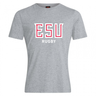 The East Stroudsburg University Club Plain Tee by WRS Canterbury is a gray cotton blend short-sleeve shirt featuring large red and white "ESU" letters and smaller white "RUGBY" text on the chest.