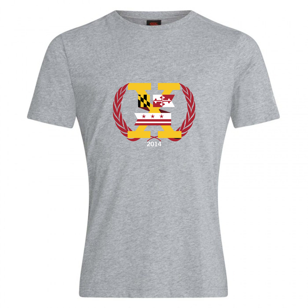 WRS Canterbury Potomac Exiles Rugby Club Plain Tee: a gray cotton blend t-shirt featuring a crest with the Maryland and D.C. flags, red laurel branches, and "2014" printed below the design.