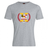 WRS Canterbury Potomac Exiles Rugby Club Plain Tee: a gray cotton blend t-shirt featuring a crest with the Maryland and D.C. flags, red laurel branches, and "2014" printed below the design.
