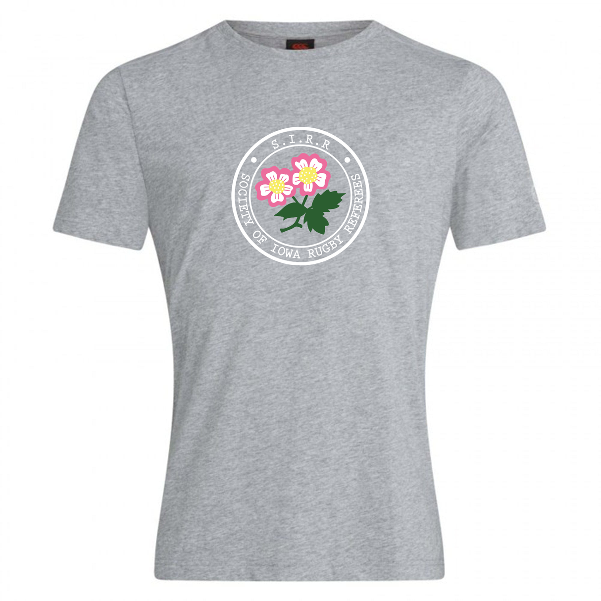 Show your team pride with the Society of Iowa Rugby Referees Club Plain Tee by Canterbury from WRS Canterbury. This gray cotton blend T-shirt features a circular logo adorned with two pink flowers and green leaves, encircled by the text “S.T.R.R. SISTERS OF IOWA RUGBY REPRESENT” in white. Combining comfort and style, this customizable tee is perfect for any rugby enthusiast.