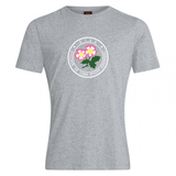 Show your team pride with the Society of Iowa Rugby Referees Club Plain Tee by Canterbury from WRS Canterbury. This gray cotton blend T-shirt features a circular logo adorned with two pink flowers and green leaves, encircled by the text “S.T.R.R. SISTERS OF IOWA RUGBY REPRESENT” in white. Combining comfort and style, this customizable tee is perfect for any rugby enthusiast.