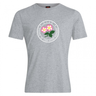 Show your team pride with the Society of Iowa Rugby Referees Club Plain Tee by Canterbury from WRS Canterbury. This gray cotton blend T-shirt features a circular logo adorned with two pink flowers and green leaves, encircled by the text “S.T.R.R. SISTERS OF IOWA RUGBY REPRESENT” in white. Combining comfort and style, this customizable tee is perfect for any rugby enthusiast.