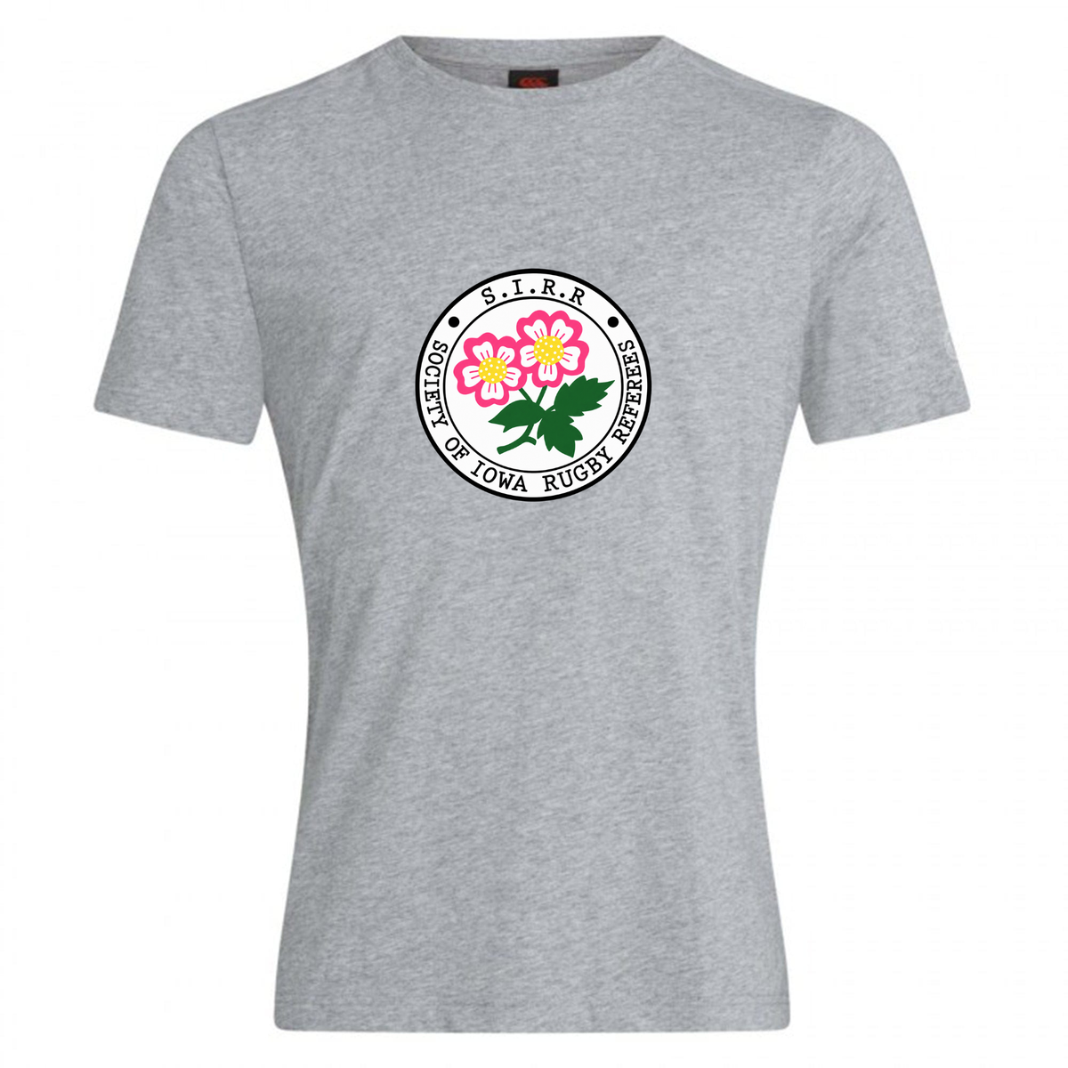 The Society of Iowa Rugby Referees Club Plain Tee by Canterbury, from WRS Canterbury, is a gray cotton blend t-shirt featuring the club’s logo with pink flowers and green leaves printed on the chest—ideal for fans looking for a unique custom tee.