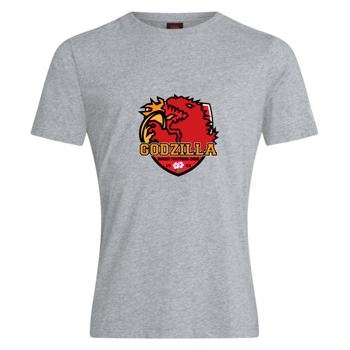 The Godzilla Rugby Football Club Club Plain Tee by WRS Canterbury is a customizable grey cotton blend t-shirt featuring a bold red and yellow dragon logo with “GODZILLA” and “Rugby Football Club” beneath it, combining comfort and style for any fan.