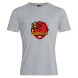 The Godzilla Rugby Football Club Club Plain Tee by WRS Canterbury is a customizable grey cotton blend t-shirt featuring a bold red and yellow dragon logo with “GODZILLA” and “Rugby Football Club” beneath it, combining comfort and style for any fan.