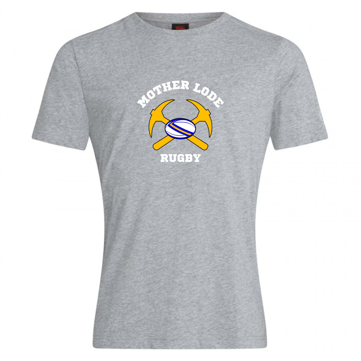 Gray Mother Lode Club Plain Tee by Canterbury featuring a graphic of two crossed pickaxes, a rugby ball, and the text “MOTHER LODE” and “RUGBY.”