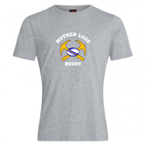 Gray Mother Lode Club Plain Tee by Canterbury featuring a graphic of two crossed pickaxes, a rugby ball, and the text “MOTHER LODE” and “RUGBY.”