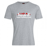 The WRS Canterbury USA Para Powerlifting Club Plain Tee by Canterbury is a gray cotton blend T-shirt featuring "USA Para Powerlifting" with a barbell graphic in the word "USA.