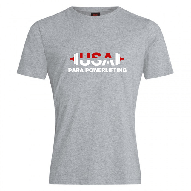 The WRS Canterbury USA Para Powerlifting Club Plain Tee by Canterbury is a gray cotton blend T-shirt featuring "USA Para Powerlifting" with a barbell graphic in the word "USA.