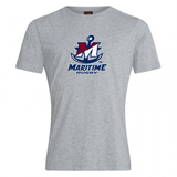 Gray SUNY Maritime Men’s Rugby Club Plain Tee by Canterbury with a maroon and blue Maritime Rugby anchor logo on the chest.