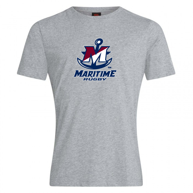 Gray SUNY Maritime Men’s Rugby Club Plain Tee by Canterbury with a maroon and blue Maritime Rugby anchor logo on the chest.