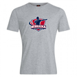 The WRS Canterbury Nebraska Rugby Referee Society Club Plain Tee is a gray cotton blend shirt featuring a rugby referee silhouette and red, white, and blue logo details.