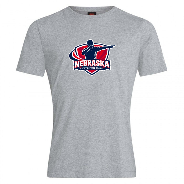 The WRS Canterbury Nebraska Rugby Referee Society Club Plain Tee is a gray cotton blend shirt featuring a rugby referee silhouette and red, white, and blue logo details.