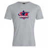 The WRS Canterbury Nebraska Rugby Referee Society Club Plain Tee is a gray cotton blend shirt featuring a rugby referee silhouette and red, white, and blue logo details.