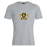 The Old Man Rivah Rugby Club Plain Tee by WRS Canterbury features a gray cotton blend, a heraldic lion and bearded face crest, and "Old Man Rivah Corn Cobbin’ Classic" text for comfort and unique style.